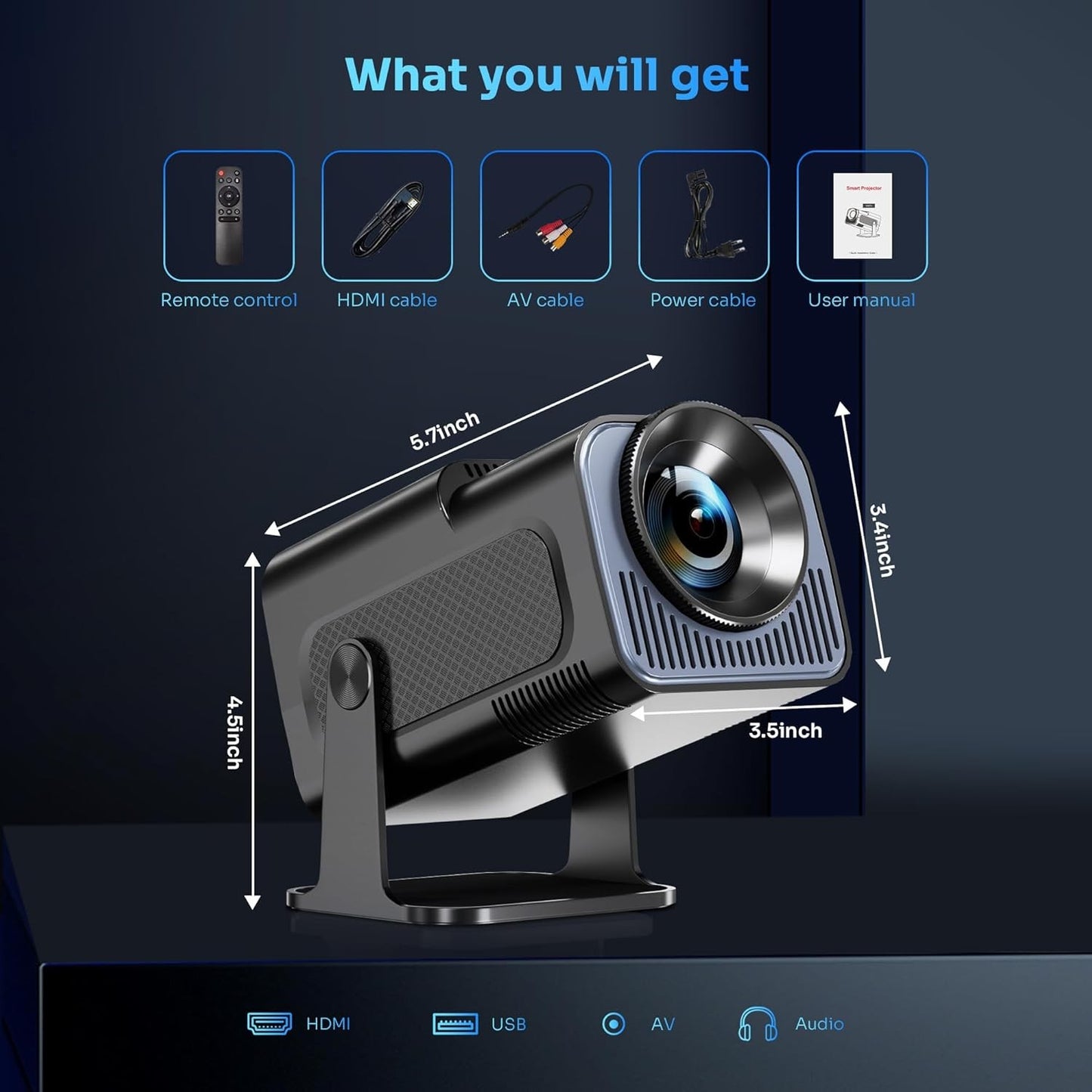 KaiAqua Mini Projetor HY320 NTV Android 13 com Amlogic S950D4 1080P 500 ANSI Lumens, WiFi Duplo, BT5.2 e Comando por Voz para Home Theater