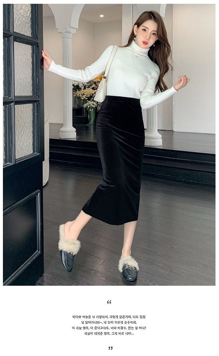 Elegant Velvet Black Long Skirts Women Autumn Winter High Waist Faldas Korean Fahion Clothing Office Ladies Bodycon Midi Skirt