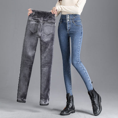 Autumn Winter Skinny Jeans Fashion Women Thermal Fleece High Waist Stretch Warm Pencil Pants Casual Velvet Button Denim Pant