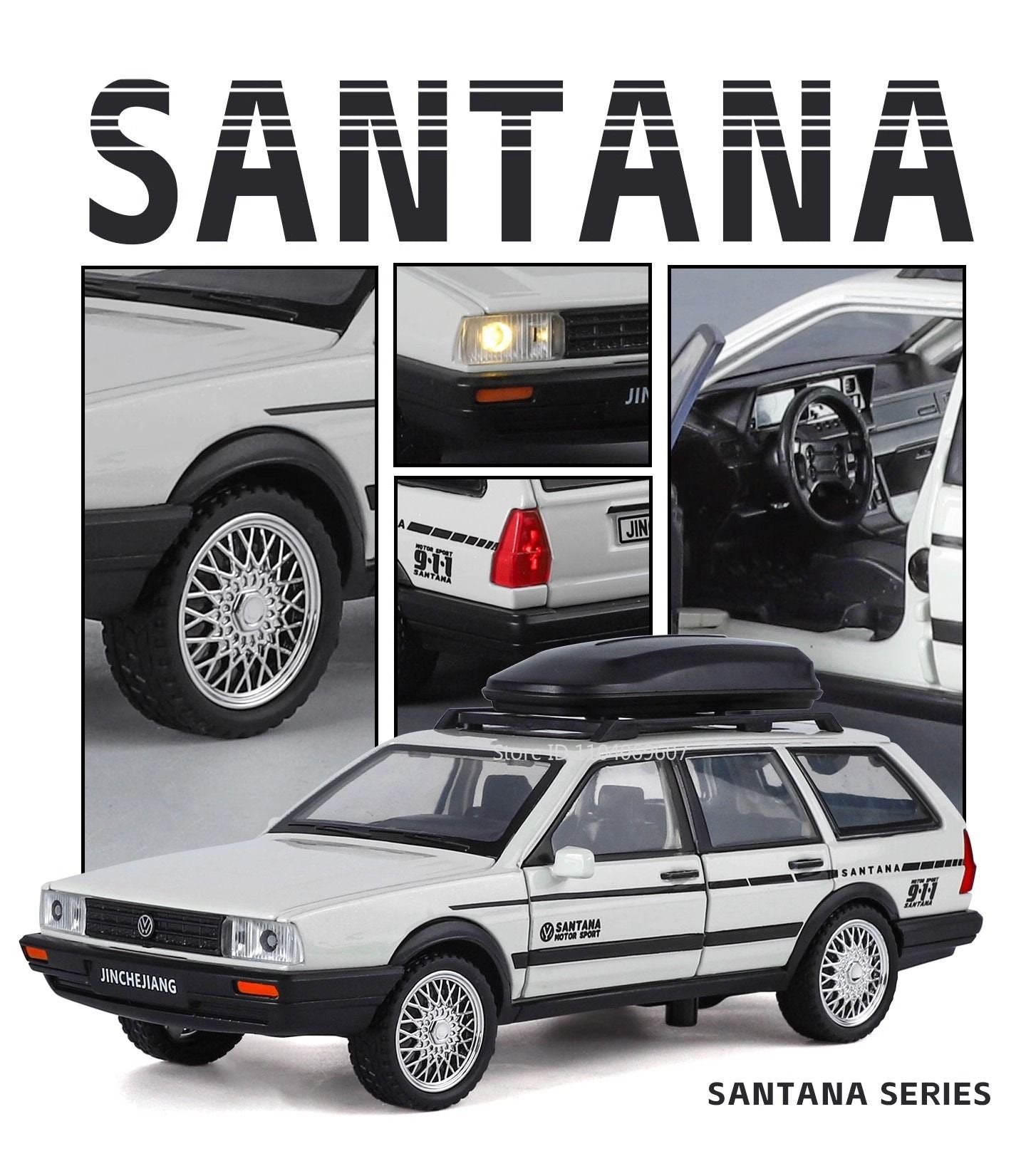 1:32 SANTANA Carros de Brinquedo em Miniatura de Liga Leve com Som, Luz e Portas que Abrem, Puxar para Trás, Veículos de Decoração para Presentes Infantis