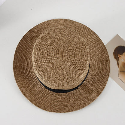Chapéu de Sol Unissex de Verão com Topo Plano para Mulheres e Homens, Cor Sólida, Aba Larga, Fita Preta, Chapéu de Palha de Praia Dobrável, Bonés Frescos para Férias