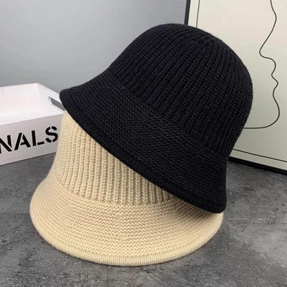 Fashion Autumn Winter Bucket Hat Warm Short Brim Fishing Cap Knitted Face Slimming Fleece Round Top Hat Travel