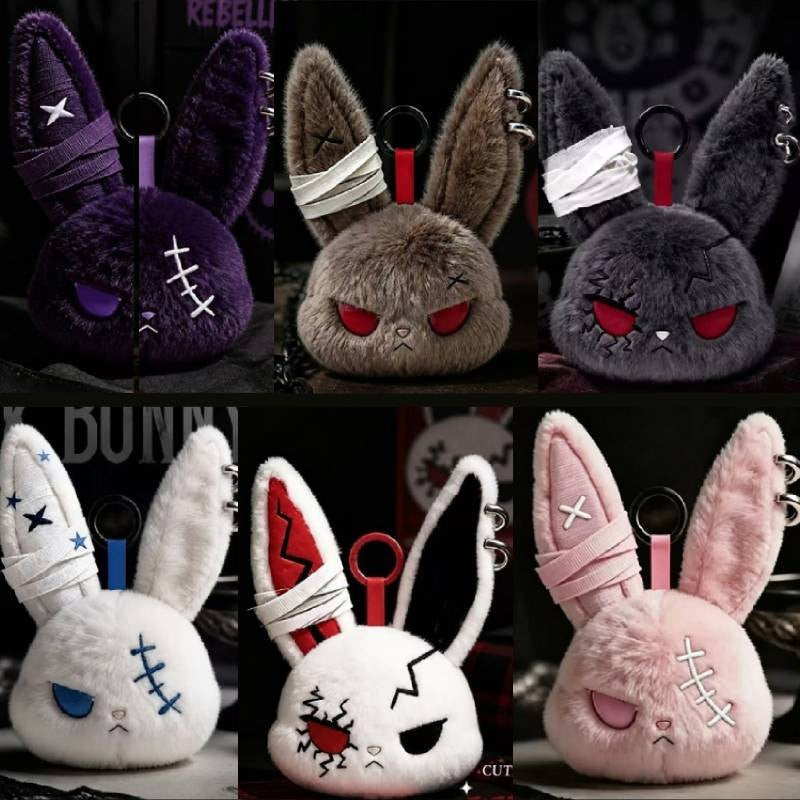 Gothic Bunny Plush Keychain Rabbit Bag Charm Bandage Rabbit Pendant Dark Horror Bunny Doll Keyring Bag Charm Halloween Gifts