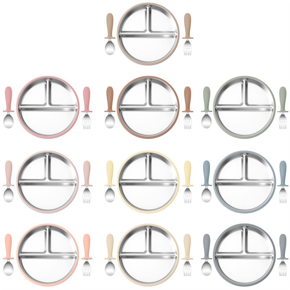 3PCS Silicone Stainless Steel Feeding Kit Toddler Sucker Feeding Dishes Plate Infant Self Feeding Training BPA Free Fork Spoon