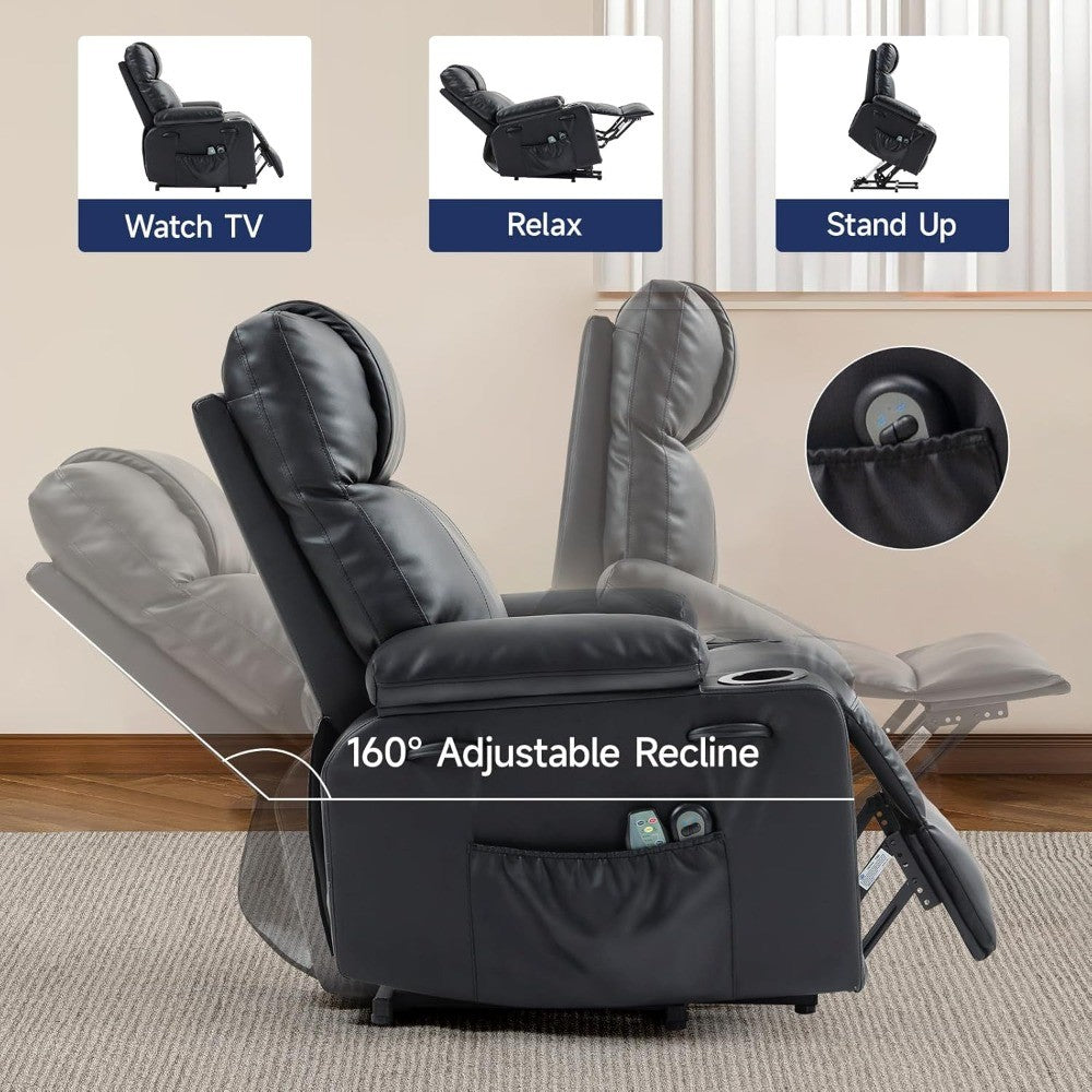Lift Recliner Chair for Elderly with Massage & Heat, 160° Adjustable PU Leather Electric Recliner with Remote, Cup Holders