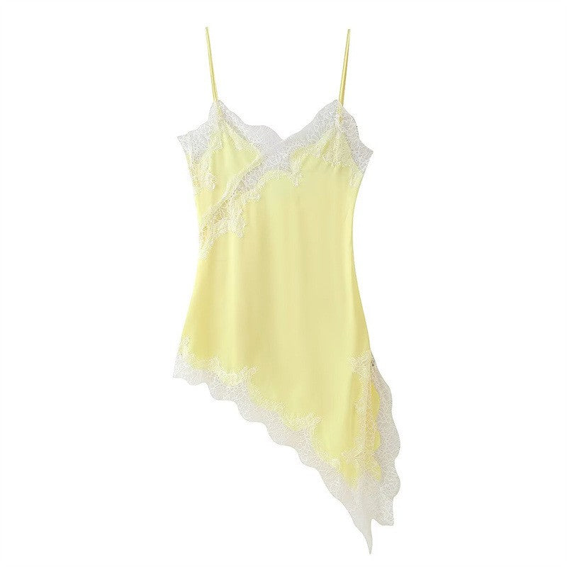 New Lace Mini Spaghetti Strap Dress For Women Irregular Backless Slit Sexy Evening Party Dress Female High Waist Bottom Dresses