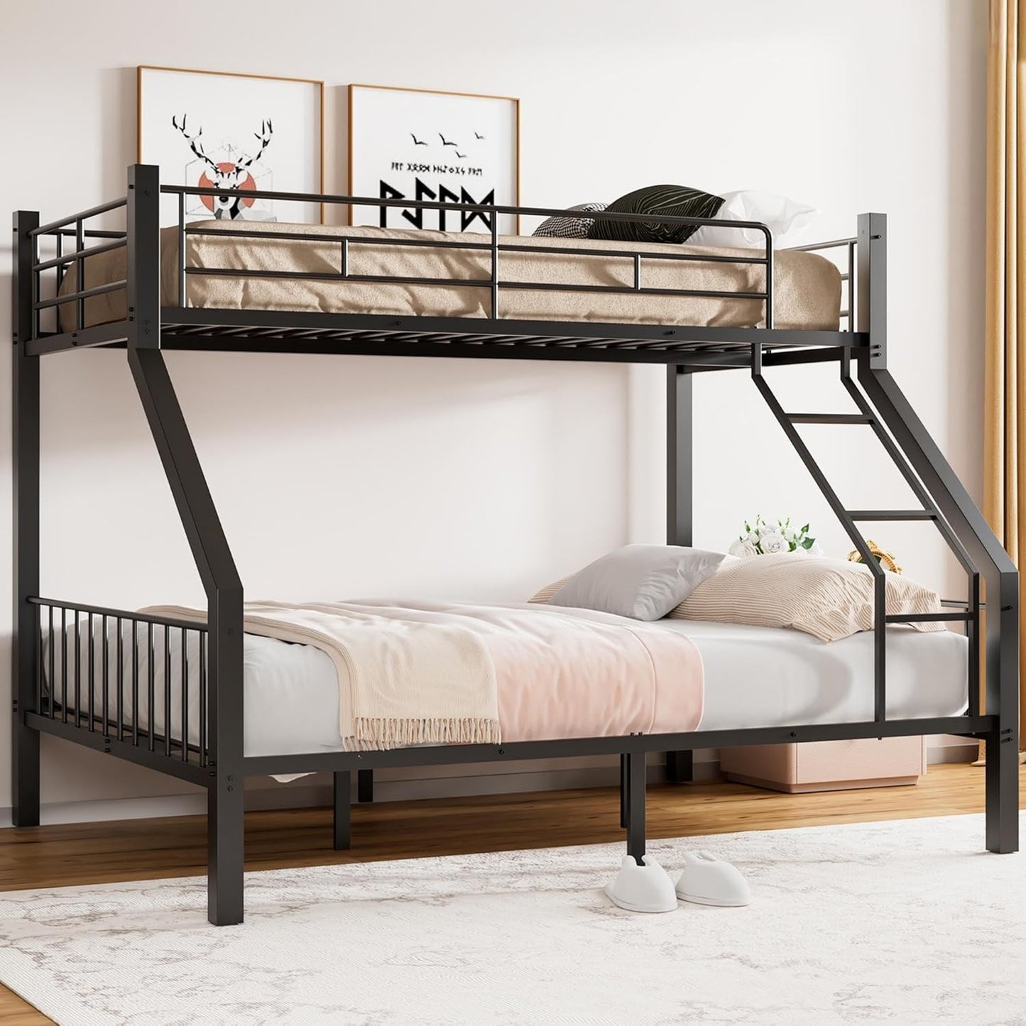 Twin XL Over Queen Bunk Bed, Heavy Duty Bunk Bed with Safety Ladder and Full-Length Guardrails, Metal Queen Bed Frame