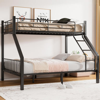 Twin XL Over Queen Bunk Bed, Heavy Duty Bunk Bed with Safety Ladder and Full-Length Guardrails, Metal Queen Bed Frame