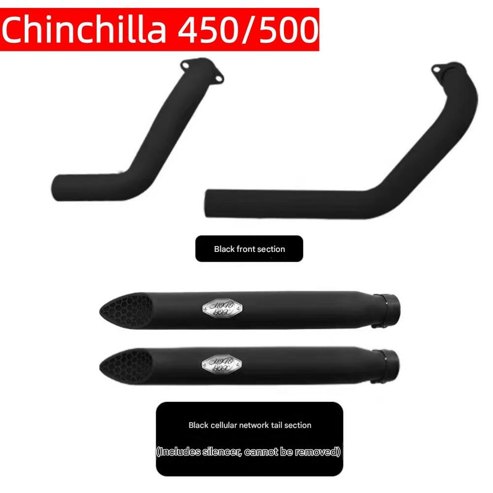 For Benda Chinchilla 450/500, the modified accessory features a rattlesnake exhaust pipe with dual outlets on the right side.