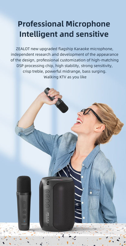 ZEALOT-S62M Karaoke Machine Portable Bluetooth 5.3 Speaker System with 1-2 Wireless Microphones Home Family festival Gifts