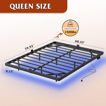 Floating LED Bed Frame with Charging Station | Heavy-Duty Metal Platform, Easy Assembly, No Noise