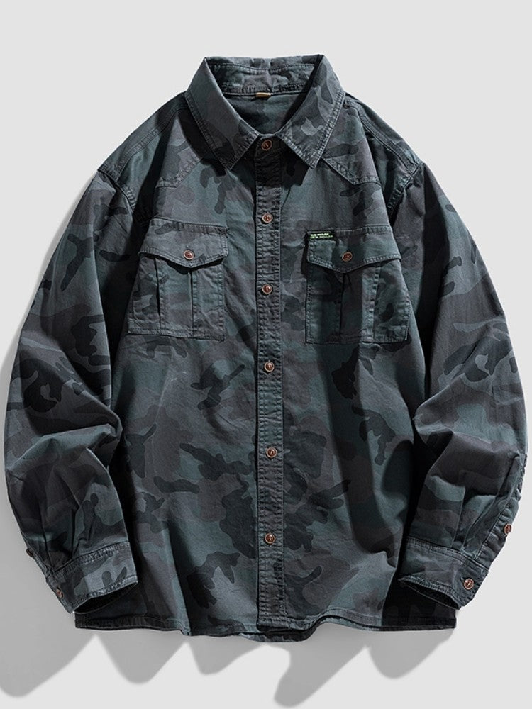 2024 New 95% Cotton Men's Shirt Camouflage Long Sleeve Drop Shoulder Button Pockets Cowboy Loose Casual Work Jeans Shirts