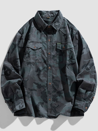 2024 New 95% Cotton Men's Shirt Camouflage Long Sleeve Drop Shoulder Button Pockets Cowboy Loose Casual Work Jeans Shirts