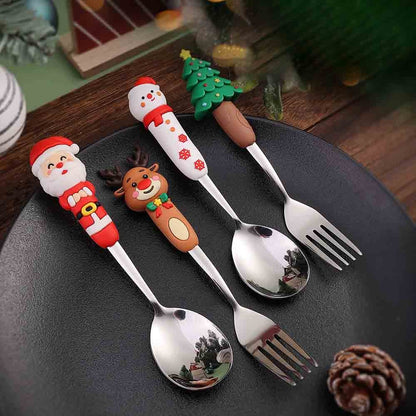 4PCS Christmas Cutlery Set Playful Silver Spoon and Fork Combination Reindeer and Christmas Tree Decorative Cutlery Gift Box