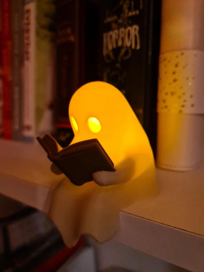 Halloween Party Decoration Favors Cute Little Ghost Sitting on A Shelf Reading A Book with Flickering Ornament Gift Spooky Idea