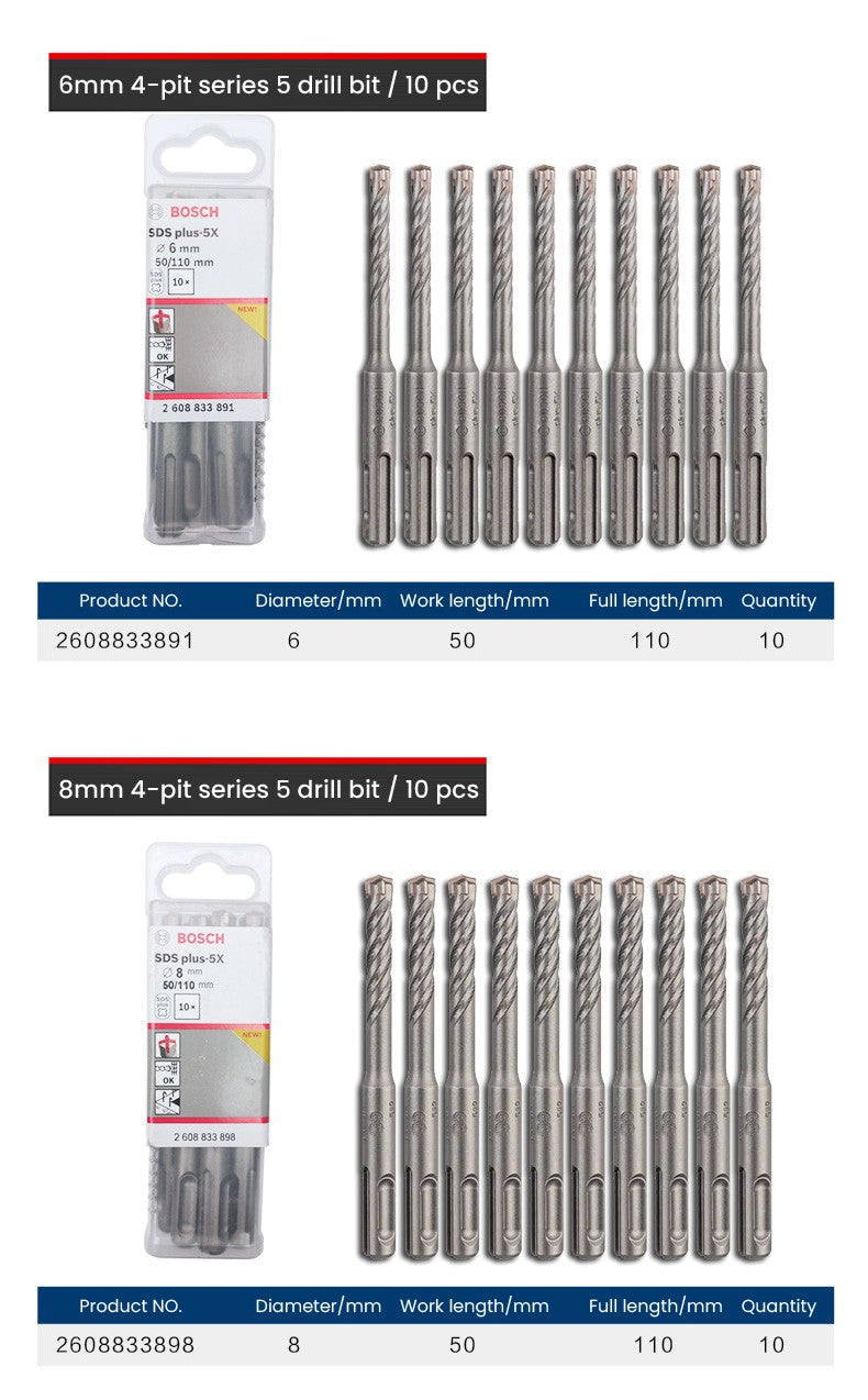 Conjuntos de Brocas Bosch SDS Plus para Martelete para Concreto Diâmetro 6-12mm Cabo Redondo Acessórios para Martelete Perfurador