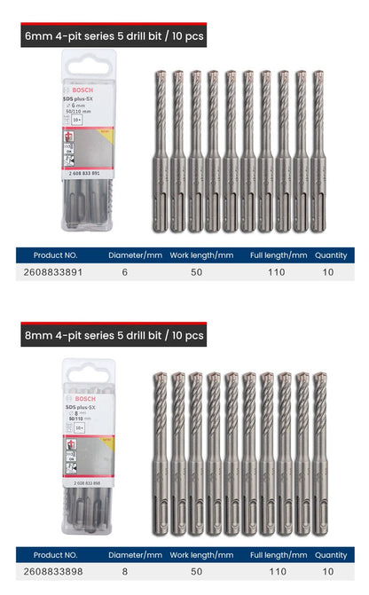 Conjuntos de Brocas Bosch SDS Plus para Martelete para Concreto Diâmetro 6-12mm Cabo Redondo Acessórios para Martelete Perfurador