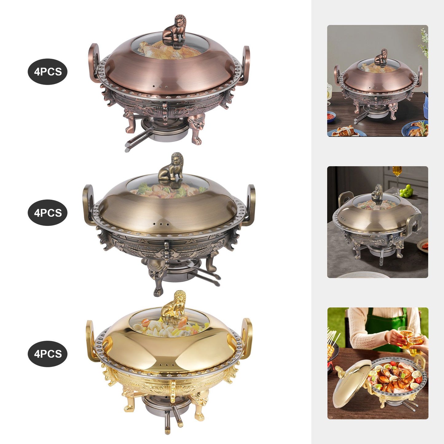 4PCS Chafing Dishes, Classical Round Chafing Buffet Set, Stainless Steel Chafers and Buffet Warmers Sets for Gatherings, Events