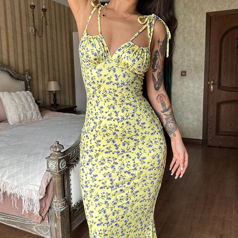 Hugcitar Floral Print Sleeveless Backless Slips Lace Up Maxi Dress Sexy Bodycon