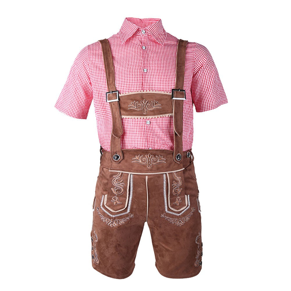 Male Oktoberfest Lederhosen Costume Bavarian Octoberfest German Beer Costume Shirt Suspender Shorts Hat Cosplay Costumes