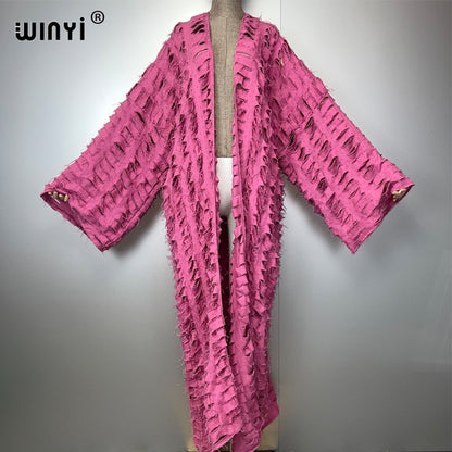WINYI new maxi kimono coat for women OverCoat hole denim cardigan long down coat cover up beach outfits woman abaya dubai luxury