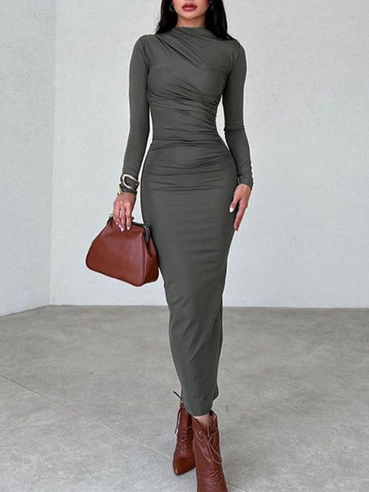 Women Elegant Solid Black Bodycon Maxi Dress Long Sleeve Lady O-neck Evening Party Vestidos Robe