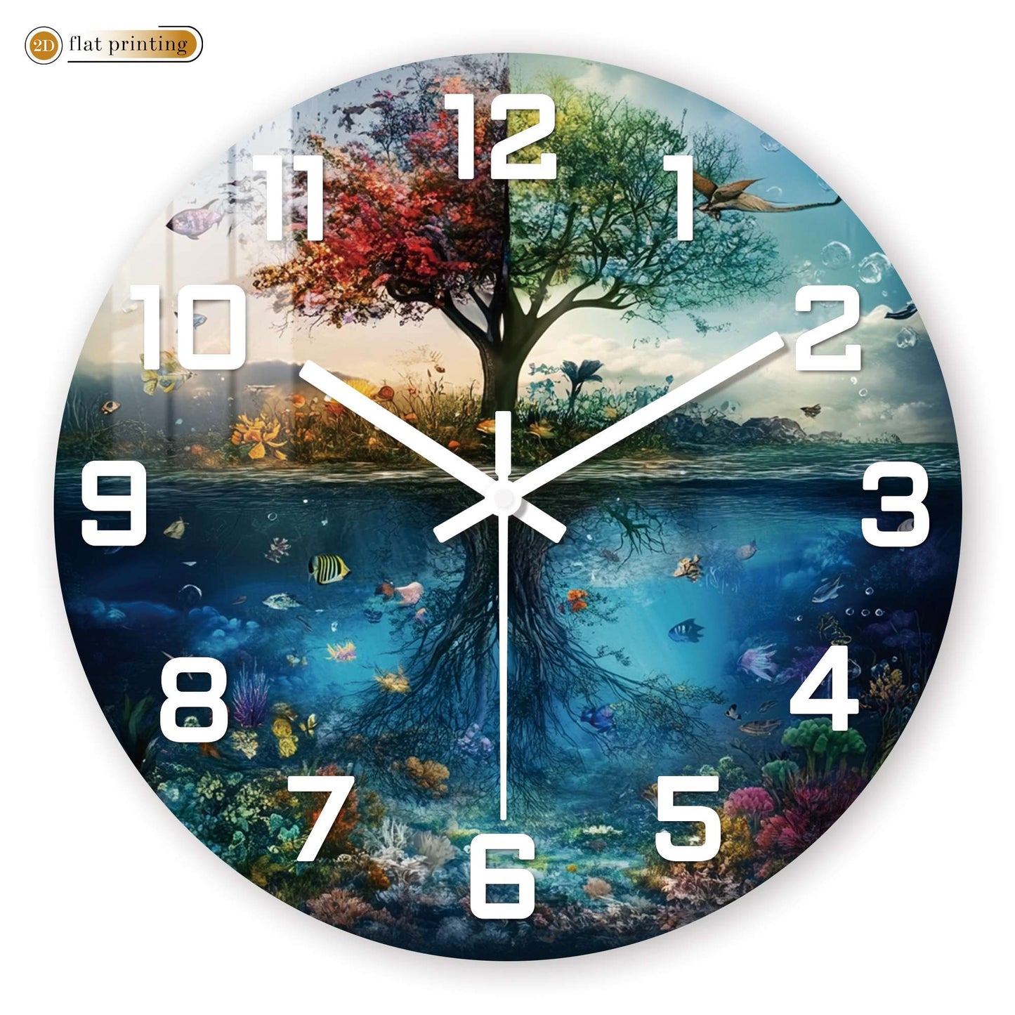 Tree of Life with Underwater Scene Wall Clock, Nature Harmony Theme Decor, Silent Quartz Movement Decorative Timepiece