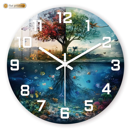 Tree of Life with Underwater Scene Wall Clock, Nature Harmony Theme Decor, Silent Quartz Movement Decorative Timepiece