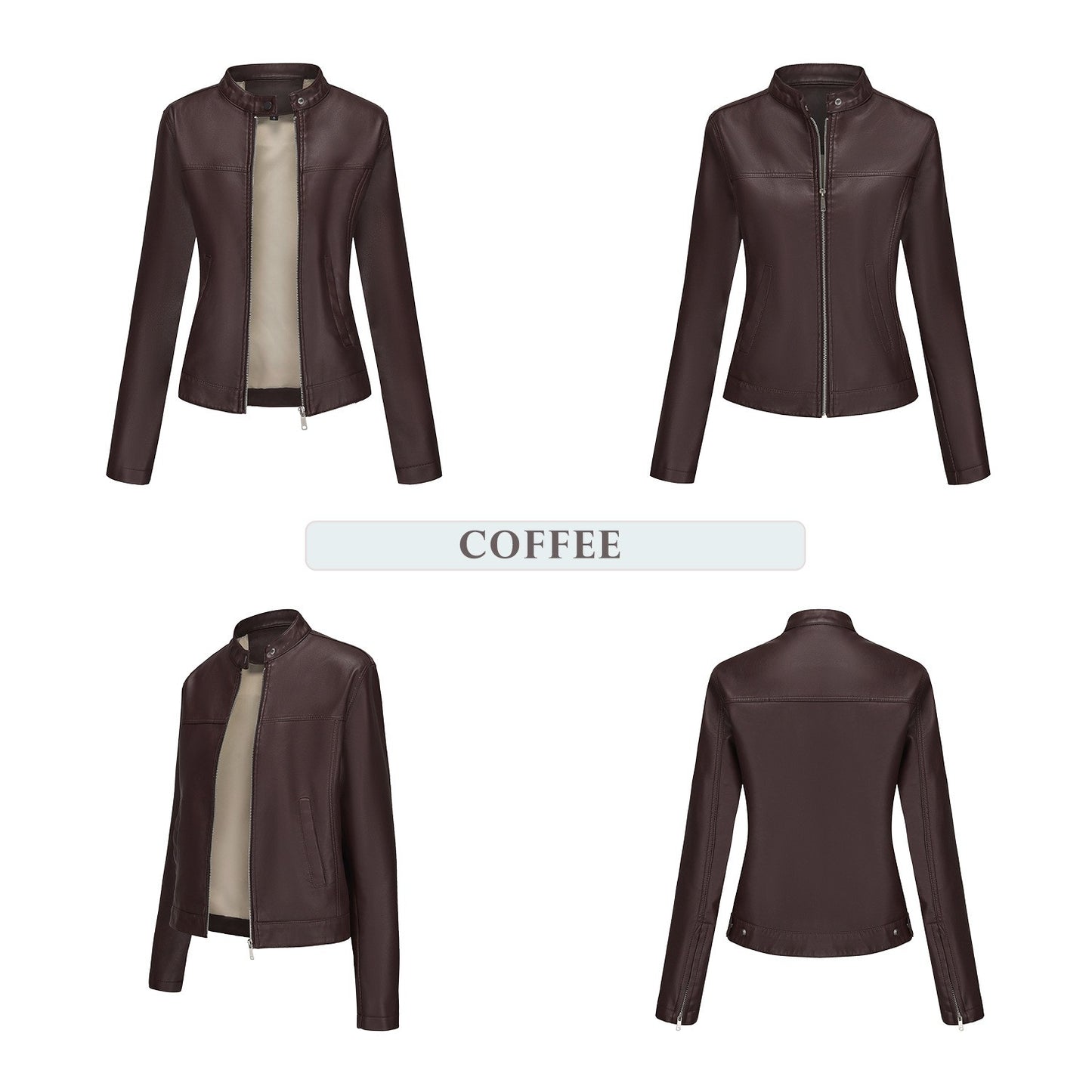Black Women's Fitted Leather Jacket with Front Zipper & Side Pockets?, Available in Brown, Navy Blue, and Beige.