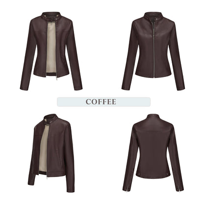 Black Women's Fitted Leather Jacket with Front Zipper & Side Pockets?, Available in Brown, Navy Blue, and Beige.