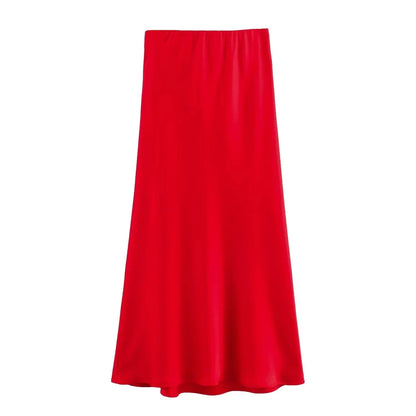 XNWMNZ Women's Fashion 2023 Flowing Satin Midi Skirt Women Vintage Elastic High