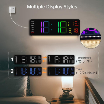 Digital LED Wall Clock with Remote Control Calendar Colorful Night Light Temperature for Living Room Bedroom Office Smart Home
