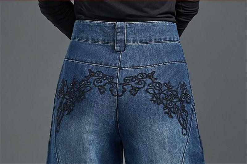 Autumn Winter High Waisted Women Jeans Casual Loose Embroidery Bloomers Trousers Female Fashion Wide Leg Denim Pants Blue