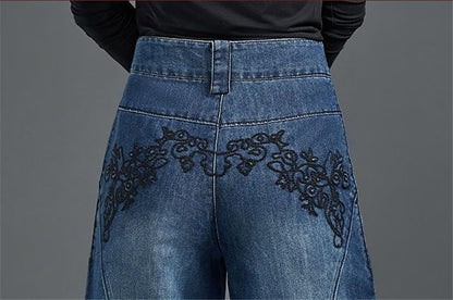 Autumn Winter High Waisted Women Jeans Casual Loose Embroidery Bloomers Trousers Female Fashion Wide Leg Denim Pants Blue