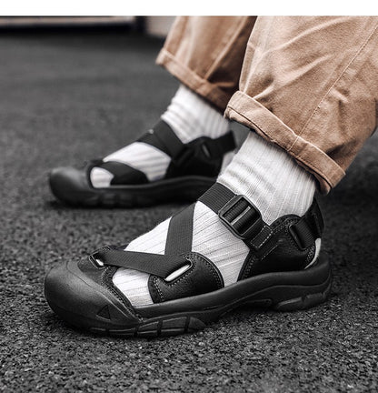 Sandals for Men's Summer New Cowhide Casual Beach Shoes, Genuine Leather for Men's Anti Slip Middle-aged Sandals and Slippers