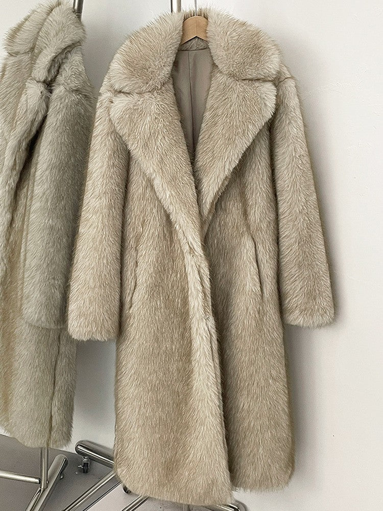 Mueyeruho 2025 Winter Women Faux Fur Jacket Coat Solid Khaki Long Sleeve Thick Warm Overcoat Outwear Fluffy Coat For Women