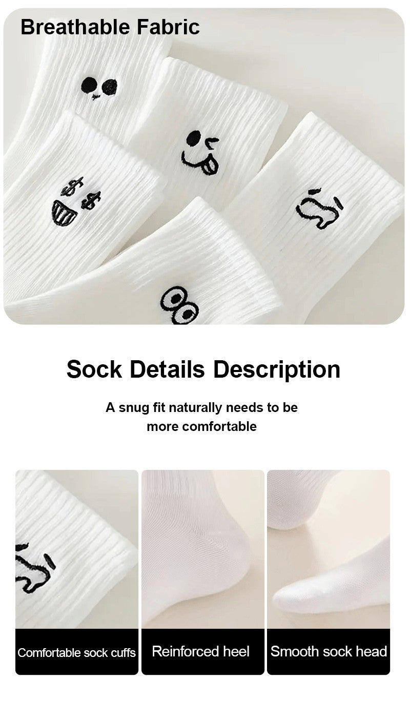 5/10/20 Pairs Men White Cartoon Socks Trendy Versatile Expression Socks With Simple Soft Breathable Comfortable Casual Socks