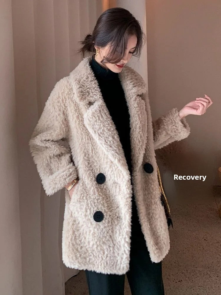 Thickened Lamb Velvet Jacket Women's Mid-Length Loose Slimming Fur Particle Velvet Coat Polyester Fiber Full Sleeve Long Coat