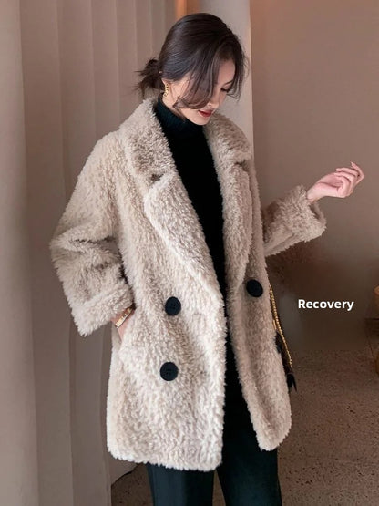 Thickened Lamb Velvet Jacket Women's Mid-Length Loose Slimming Fur Particle Velvet Coat Polyester Fiber Full Sleeve Long Coat