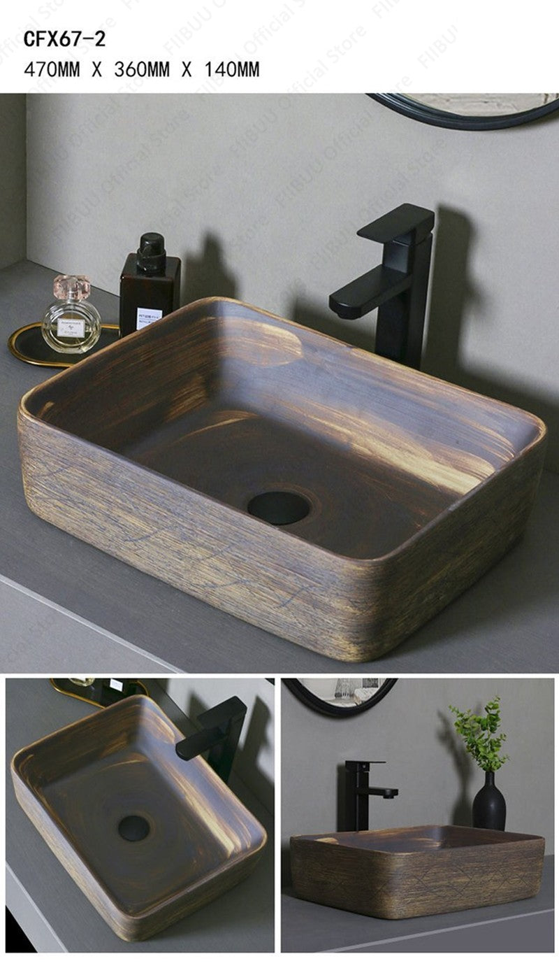 Cuba de Cerâmica Marrom para Lavatório de Banheiro Oval Artística para Mesa de Banheiro, Bacia de Lavar Roupa para Varanda, Bacia de Pedestal Acima do Balcão