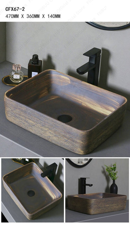 Cuba de Cerâmica Marrom para Lavatório de Banheiro Oval Artística para Mesa de Banheiro, Bacia de Lavar Roupa para Varanda, Bacia de Pedestal Acima do Balcão