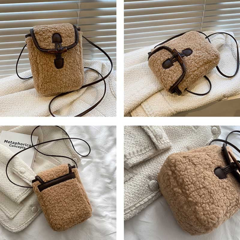 Fashion Winter Lambswool Phone Bag Sweet Lovely Portable Women Wallets Square Purse Faux Fur Plush Shoulder Bags Purses Handbags