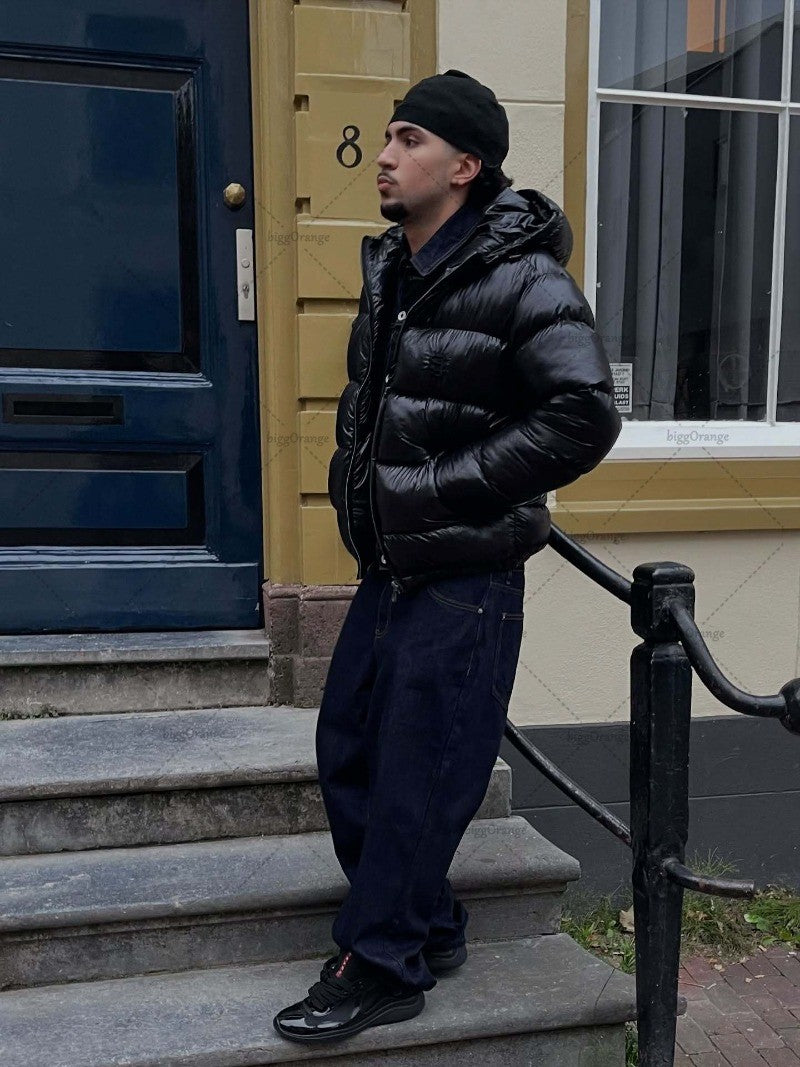 New European and American Trendy Streetwear Waterproof Hooded Jacket Men High Street Retro Solid Color Warm Zipper Coat Women