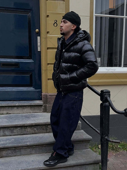 New European and American Trendy Streetwear Waterproof Hooded Jacket Men High Street Retro Solid Color Warm Zipper Coat Women