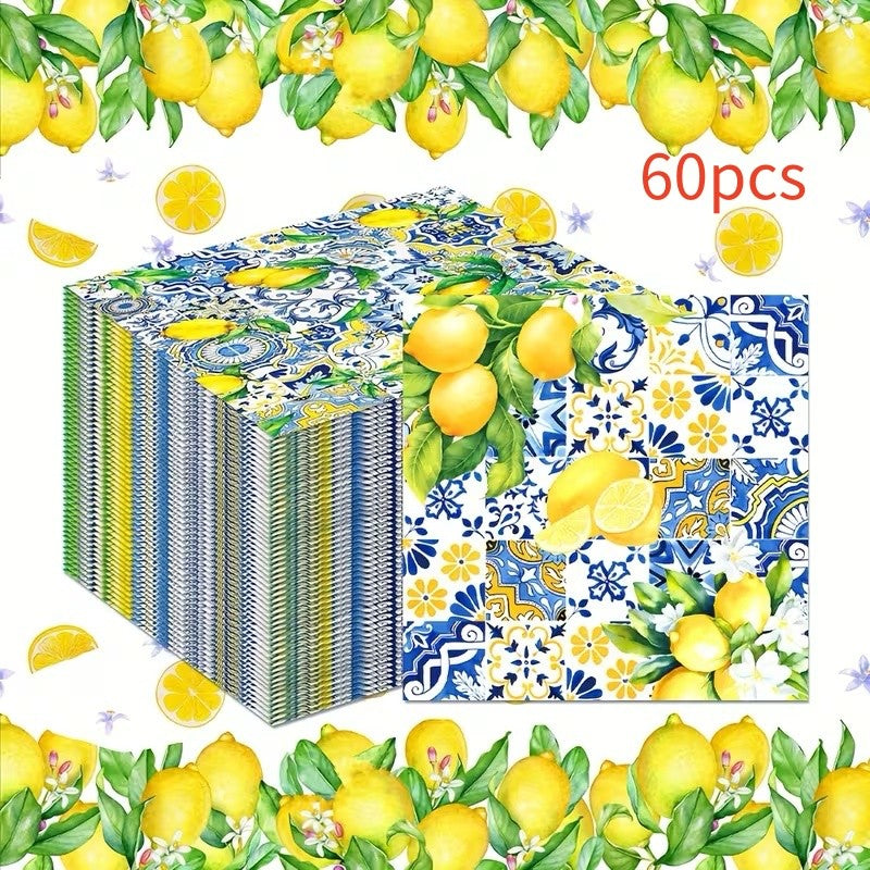 Mediterranean Lemon Blue Disposable Paper Napkins Citrus Floral Printed Table Decor Wedding Bridal Shower Garden Party Supplies