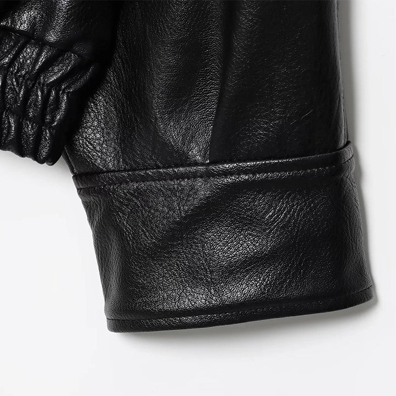 HXAO Faux Leather Jacket Coat Demi-Season Black Bomber Jacket Outerwears Long Sleeve Snap Button Cropped Motorcycle Jacket