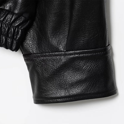 HXAO Faux Leather Jacket Coat Demi-Season Black Bomber Jacket Outerwears Long Sleeve Snap Button Cropped Motorcycle Jacket