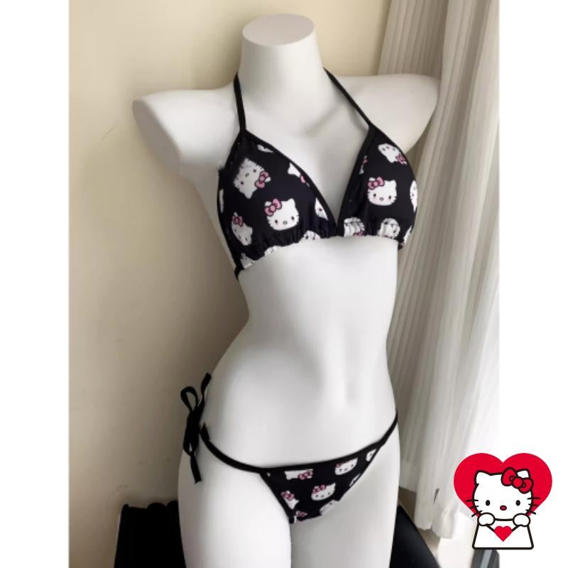 2Pcs Sanrio Cute Swimsuit Hello Kittys Girl Kawaii New Style Bikini Vacation Comfortable Two Piece Set Cartoon High End Gifts