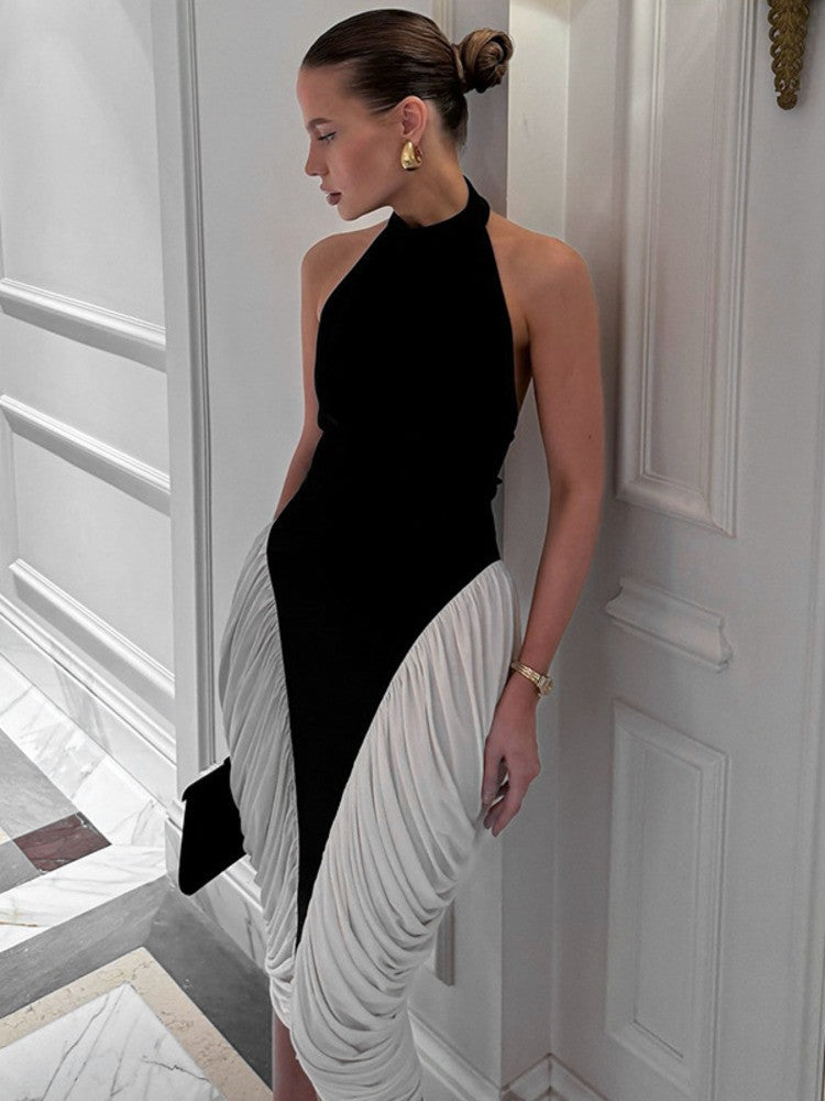 Mozision Patchwork Halter Backless Sexy Midi Dress Women Gown Elegant Fashion Co