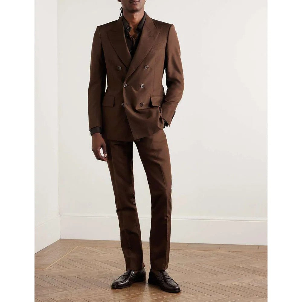 Brown Men Suits 2 Pieces Jacket Pants Peaked Lapel Double Breasted Banquet Formal Wedding Groom Prom Dress Custom Male Outfits